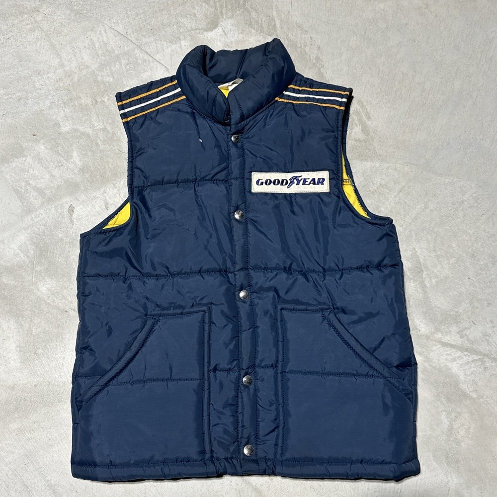Goodyear Racing Men's SZ Small Puffer Vest Full Zip Blue Tire Yellow Striped